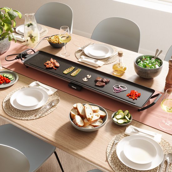 Tristar Grill Plate BP-2670- Gril de table XL : 100 x 23 cm - Pour l'intérieur et l'extérieur - Sans BPA - Gril gourmet pour la table - 10 à 12 personnes - Avec thermostat réglable - Revêtement antiadhésif - Noir