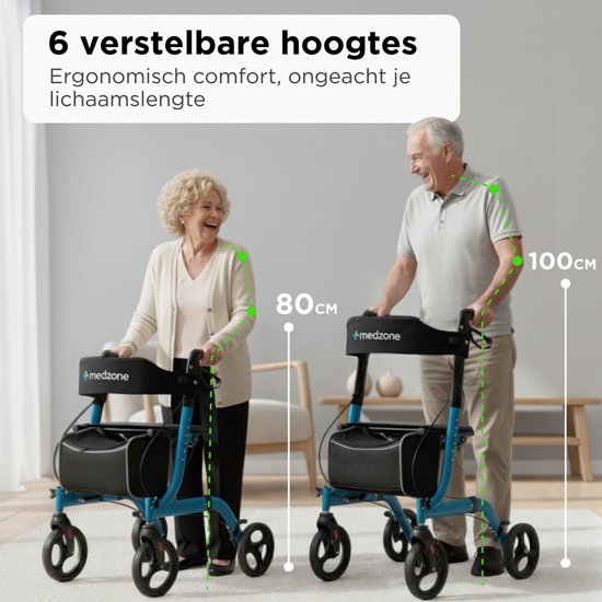 Déambulateur Medzone léger et pliable - fonction assise - intérieur et extérieur - dossier et support de canne - bleu