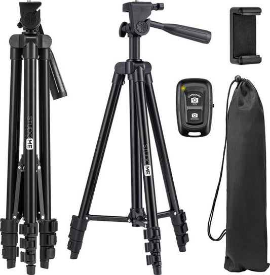 Studio ME Phone Tripod - 128 cm - Trépied Smartphone - Noir - Trépied pour appareil photo - Support pour téléphone - Télécommande Bluetooth incluse - Trépied Téléphone
