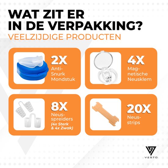 Vesto® Snore Set - 2x Anti Snore Brace - 20x Nose Plaster - 8x Nose Spreader - 4x Magnetic Nose Clip - Complete Set - Anti Snore Brace Pro - Anti Snore remedies