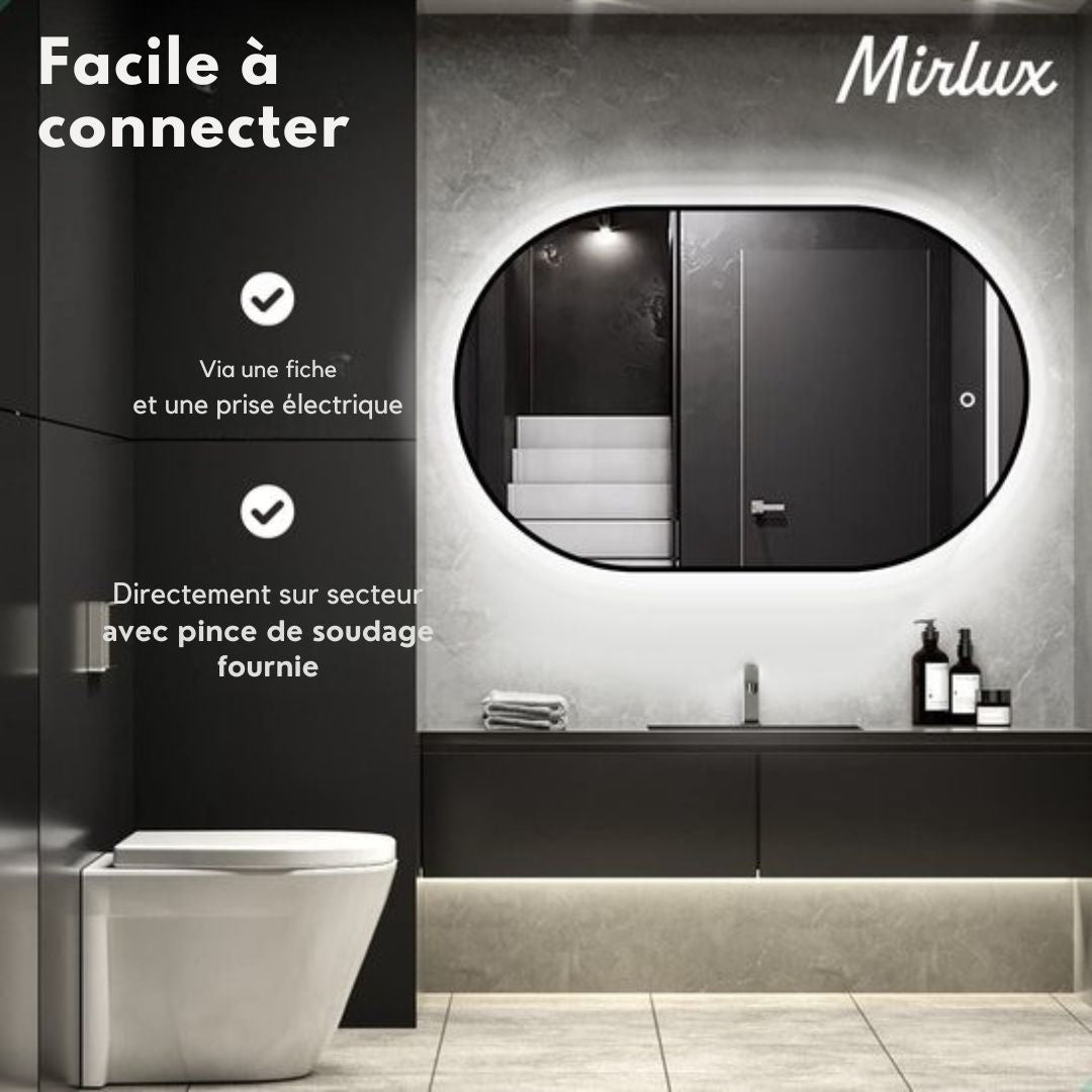 Miroir de salle de bain ovale - Mirlux - 90x60 cm - Eclairage et chauffage LED - anti-buée - Noir