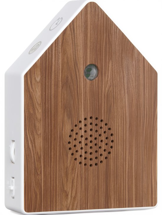 UPLY Maison d'oiseau avec son - Maison d'oiseau avec capteur - 5 sons naturels pour toilettes/WC - Détecteur de mouvement - Zwitscherbox - Cadeau - Fixation incluse - Blanc - Chêne