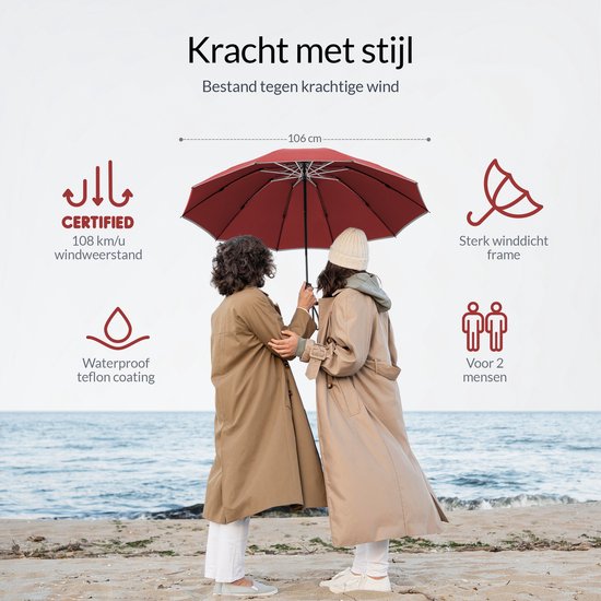 Nohrd Storm Umbrella - Bordeaux Red - Parapluie pliable - Stormproof 108 km/h - Parapluies tempête - Pliage et dépliage automatique - Réfléchissant - Parapluies - Housse de protection incluse