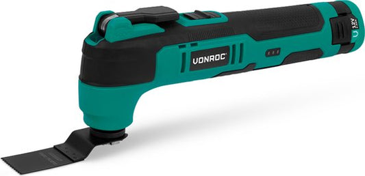 VONROC Battery Multitool 12V - avec lame de grattoir, lame de scie plongeante, tampon de ponçage et papier de verre - Batterie et câble usb-c inclus