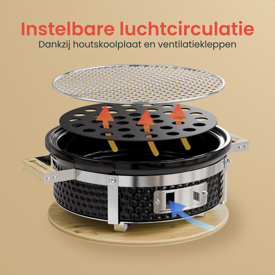 KitchenBrothers Kamado Hibachi Grill - Sans PFAS - Barbecue au charbon de bois - Shichirin Table Grill - Round BBQ - Barbecue en céramique - Noir