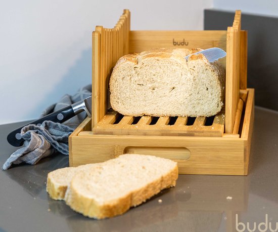 Budu coupe-pain en bambou - Coupe-pain - Planche à pain en bois - Coupe-pain avec bac de récupération - Bambou - 30x20cm