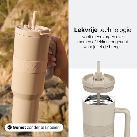 ONYX Bouteille à boire avec paille 1 litre - Bouteille d'eau pour enfants et adultes - Tasse thermos en acier inoxydable - Buvette de motivation - Tasse à boire pour l'école - Beige sable