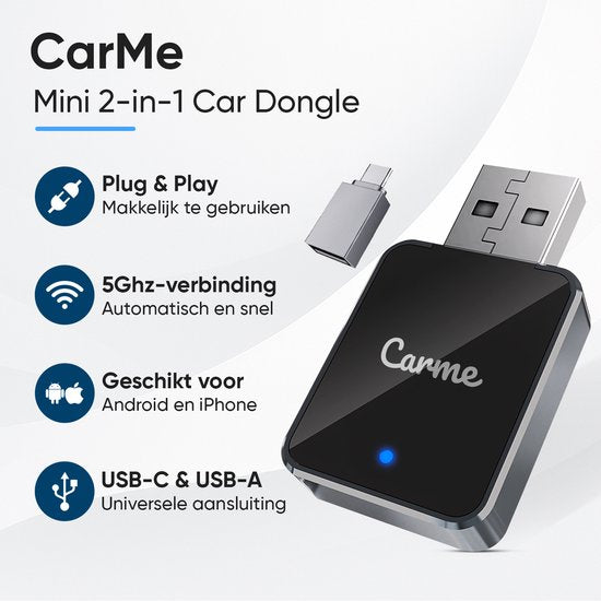 CarMe Mini 2-in-1 CarPlay Dongle V2 - Wireless CarPlay & Android Auto - USB-A & USB-C - Android Auto Dongle - Noir