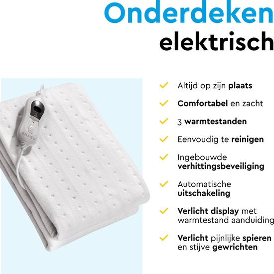 BRASQ Couverture électrique 150x80 cm - 1 personne - Couverture chauffante - 3 niveaux de chaleur - minuterie et télécommande - Couverture chauffante à économie d'énergie 60W