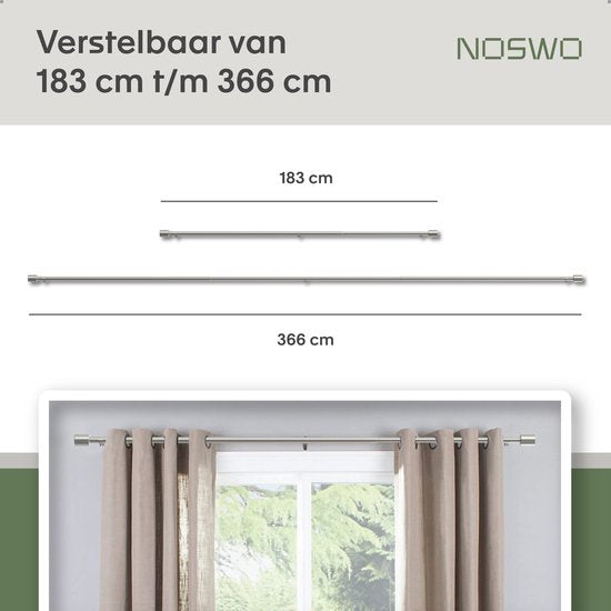 Noswo Tringle à rideaux - Extensible - 183 à 366 cm - Tringle à rideaux - Tringle à rideaux complète - Métal - 300cm - Argenté