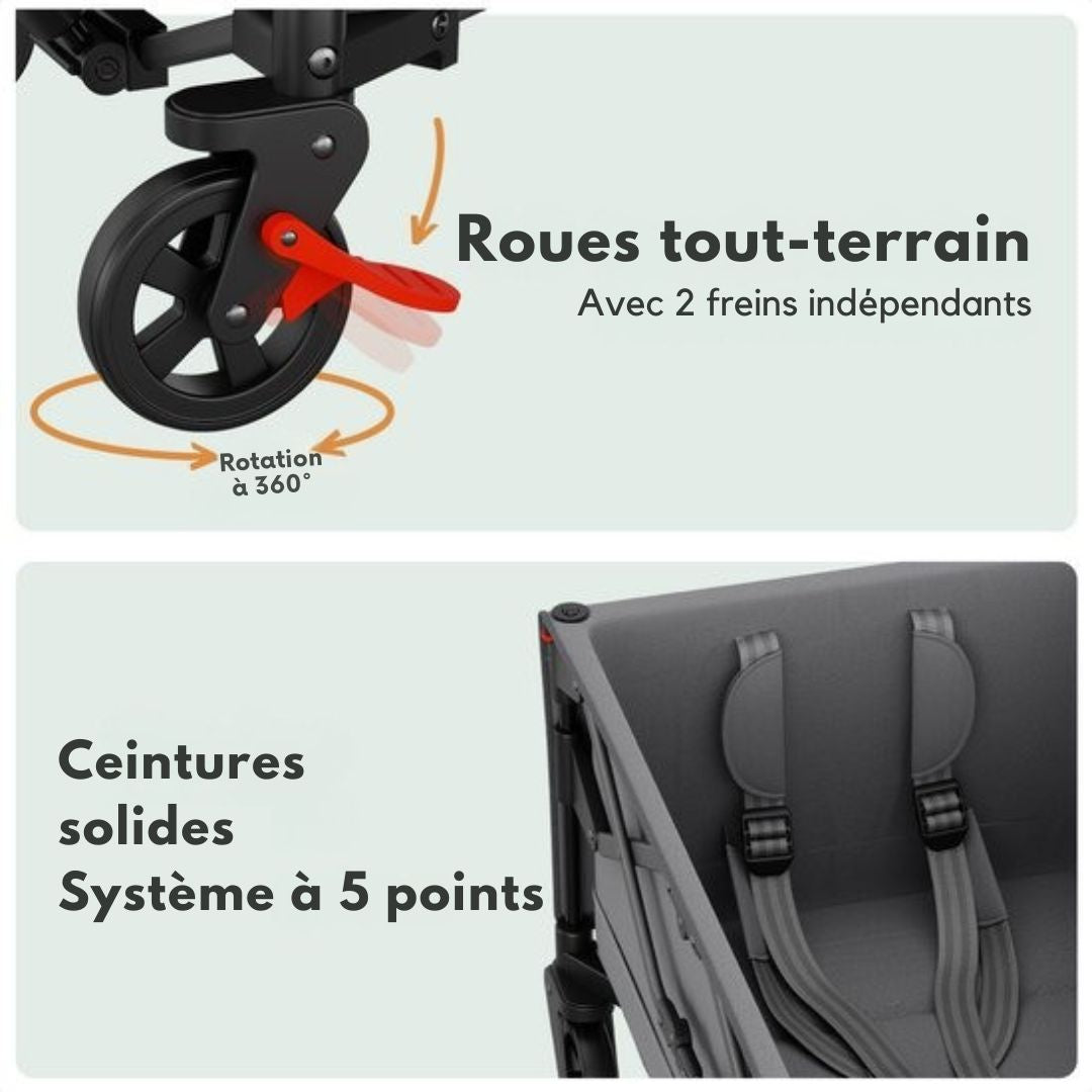 Chariot LifeGoods - pliable - transport d'enfants - avec toit - capacité de charge de 80 kg - chariot de plage - roues pivotantes - gris