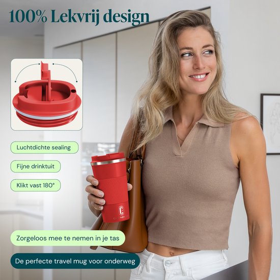 Tasse thermos Castagnola - Tasse à café à emporter - Tasse de voyage pour café et thé - Tasse à thé - 510 ML - acier inoxydable - Rouge