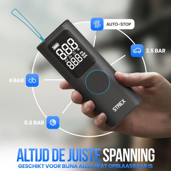 Pompe à pneu électrique Strex - Mini-compresseur sans fil 3-en-1 - voiture, vélo, scooter, ballon et matelas pneumatique - jusqu'à 10,5 bar / 150 PSI - 30L/min - 8000 mAh Powerbank & Flashlight