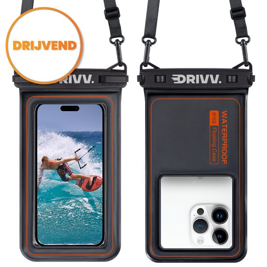 Drivv. Étui étanche pour téléphone - Flottant - Fermeture à double clip - Jusqu'à 6,8 pouces - Étui étanche pour téléphone - Noir