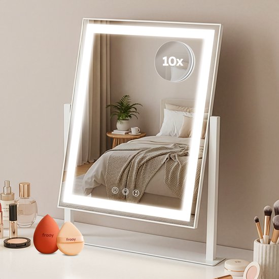 Fraay® Hollywood Mirror with Lighting 41x30cm - 3 Light Stages - Make-up Mirror with 10x Magnification Mirror - LED Strip Lighting Dimmable - Incl. Beauty Blenders and Powder puff