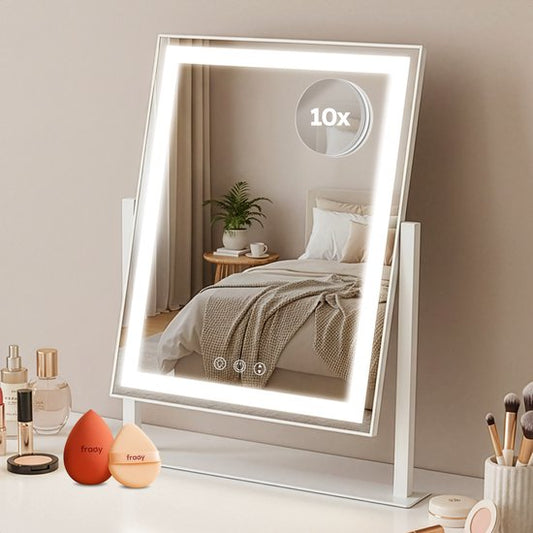 Fraay® Hollywood Mirror with Lighting 41x30cm - 3 Light Stages - Make-up Mirror with 10x Magnification Mirror - LED Strip Lighting Dimmable - Incl. Beauty Blenders and Powder puff