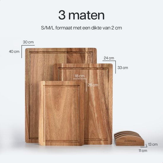 Deleca 3-Piece Cutting Board Set with Holder (40x30 / 33x24 / 26x18 cm) - Pour la cuisine, planches à découper, planches de service, planches à fromage, planches à boire et planches à tapas - Planche à découper en bois d'acacia