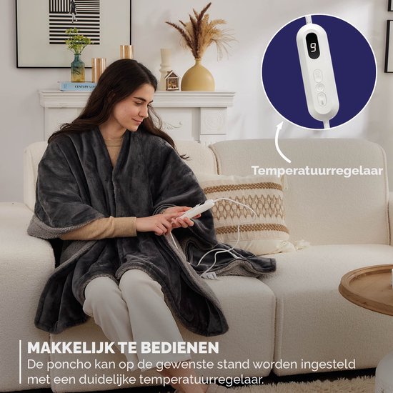 BREND BR-2220 Couverture électrique et Poncho - Sherpa et Flanelle Plaid - Cape de chaleur - 160 x 130 cm - 9 réglages de température - Anthracite