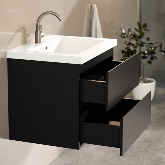 Mirlux Meuble de salle de bains Mat Noir 60 cm - Lavabo Blanc - Ensemble de meubles de salle de bains - Meuble lavabo Mat Noir