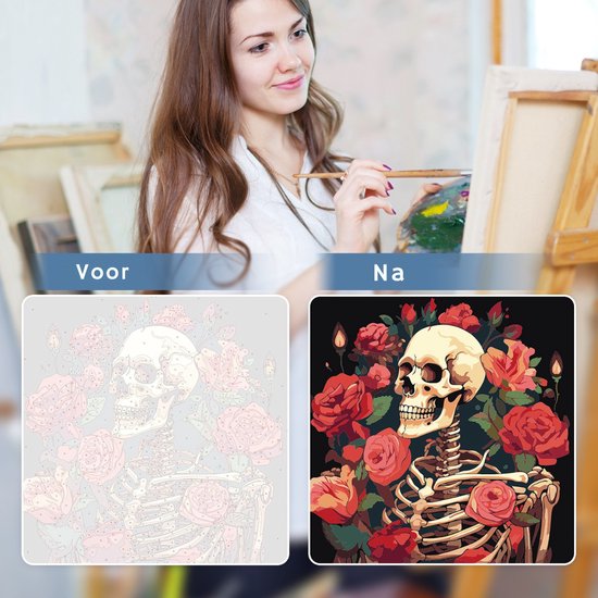 Rubye® Peinture à numéro adultes - Peinture à numéro enfants - Squelette et roses - peinture et pinceaux inclus - Toile à peindre - Couleurs à numéro - 30x30cm