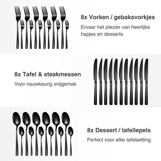 Deleca 8 Person Cutlery Set Essential (48 pieces) - Spoons, Knives, Forks, Steak Knives & Pastry Forks - Dishher Safe Cutlery - Shiny Black / Stainless Steel