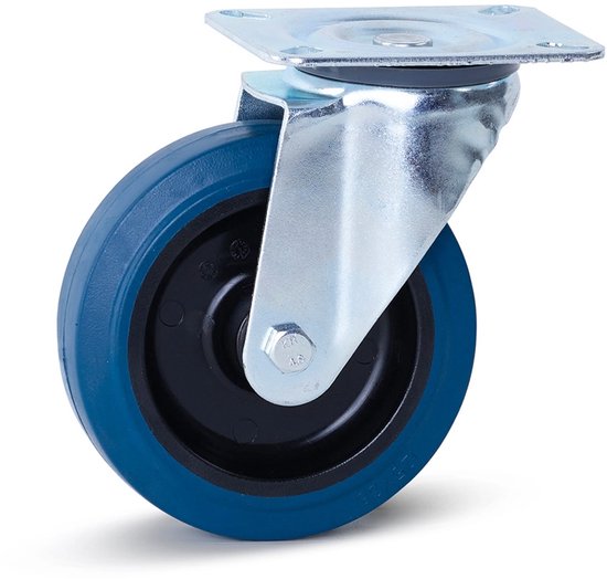 Roulette pivotante en caoutchouc élastique bleu avec plateau supérieur - 125mm - 180kg
