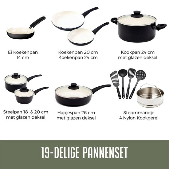 COOCK Batterie de cuisine à induction 19 pièces - Revêtement spécial antiadhésif - Poignées ergonomiques à froid - Aluminium recyclé - Ensemble de poêles à frire - Ensemble de casseroles - Noir/Blanc - Sous-verres et livre électronique inclus