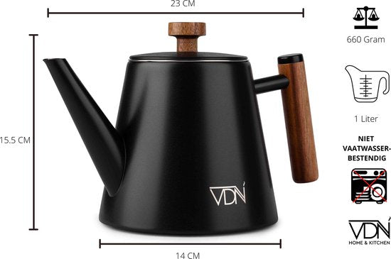 VDN Théière en acier inoxydable à double paroi avec filtre - Théière noire 1 litre - 904