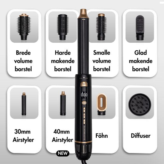 Sansbeauté® 8-in-1 Airstyler avec diffuseur et boîte de rangement - Multistyler - Brosse pour sèche-cheveux cheveux courts - Brosse pour sèche-cheveux - Sèche-cheveux - Brosse chauffante - Brosse à boucler - Fer à boucler - Brosse de coiffage - Câble rota