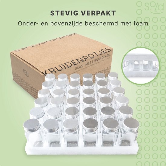 S.old - 36 pots à épices en verre carrés avec couvercle - Spice Spreader - Set complet avec couvercles à saupoudrer, autocollants préimprimés et entonnoir - Capacité 120 ml - 10,5 x 4,3 cm