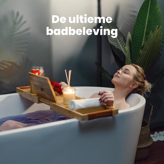 RelaxTub® Bathboard - Planche de bain pour la salle de bain - Support de bain - Ajustable - Antidérapant - Planche de bain en bambou - Planche de bain en bois - Support de bain comprenant un porte-livre, un porte-tablette et un miroir