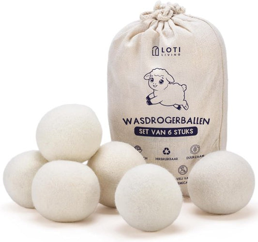 Loti Living balles de séchage blanches - 6 balles de séchage pour le linge - 100% laine de mouton - Boules de séchage avec sac de rangement