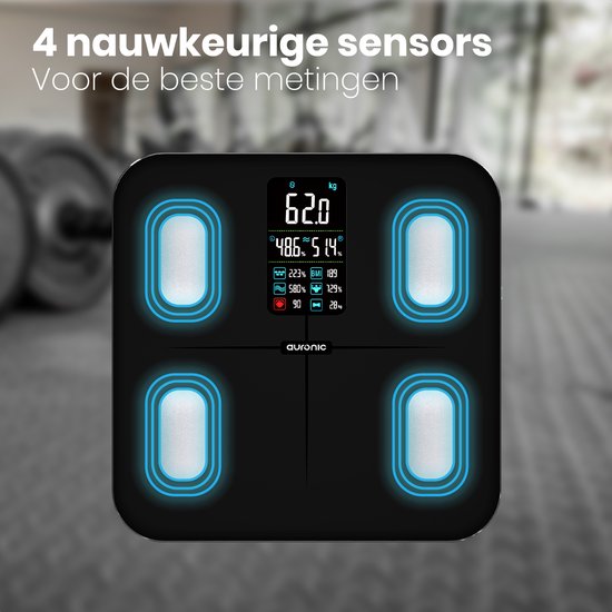 Pèse-personne Auronic - Analyse corporelle et pourcentage de graisse - Numérique - 15 mesures - Noir