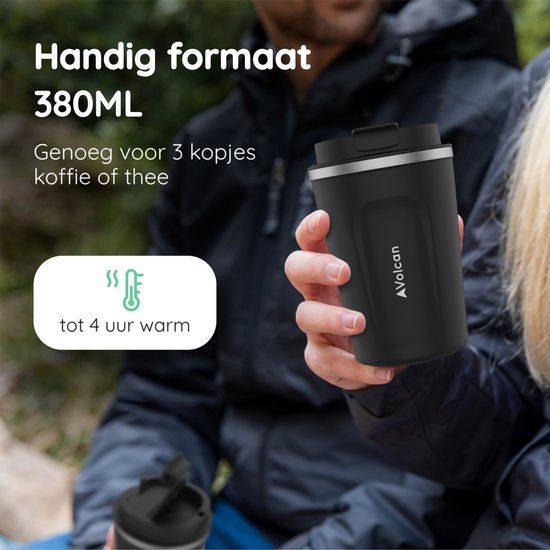 Tasse à café To Go en acier inoxydable Volcan - Tasse thermos - Etanche - Tasse à thé - 380ml - Noir
