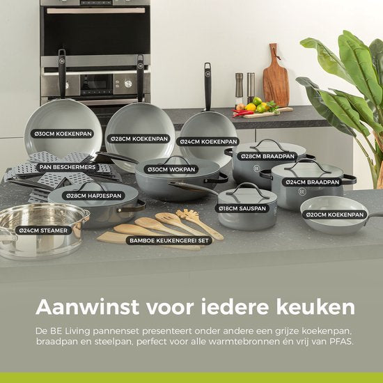 BE Living 2-Piece Frying Pan Set - Ø 24 & 28 cm - Poêle à frire - Céramique - Antiadhésif sans PFAS - Poêles à induction - Set de poêles - Gris - Essential Series
