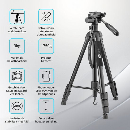Studio ME Phone Tripod - 179 cm - Camera Tripod - Black - Monopod - Tripod Smartphone - Phone Holder - Tripod Iphone - Tripod Phone / Camera / DSLR