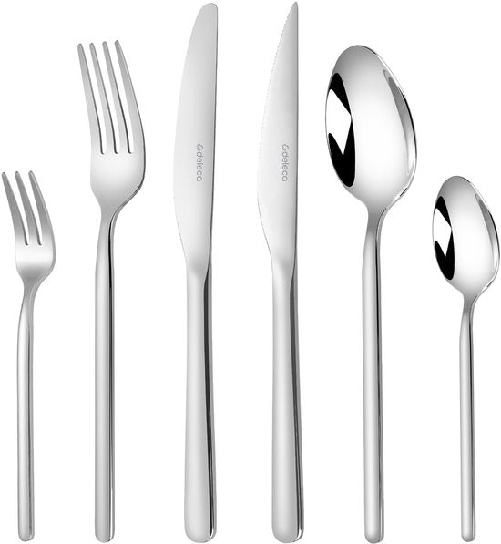 Deleca 6 Person Luxury Stainless Steel Cutlery Set Amor (36 pieces) - Spoons, Knives, Forks, Steak Knives & Pastry Forks - Lave-vaisselle - Silver Design Cutlery - 18/0 Stainless Steel