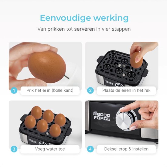 GoodForce Poule à oeufs automatique - avec minuterie - avec alarme - 6 oeufs - électrique - avec gobelet de mesure - avec pique-oeufs - acier inoxydable - lavable au lave-vaisselle