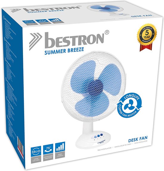 Bestron Ventilateur de table Ø 35cm, Ventilateur avec 3 vitesses et fonction de rotation de 75°, 40Watt, DDF35W, couleur : blanc