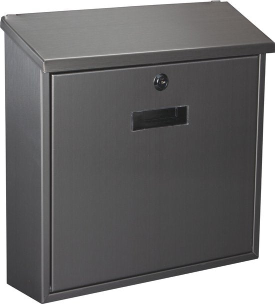 Perel letterbox Monaco, boîte aux lettres murale extérieure, montage mural, avec plaque signalétique, serrure à clé, verrouillable avec 2 clés, acier inoxydable, 36,8 x 36,5 x 10 cm, gris argenté