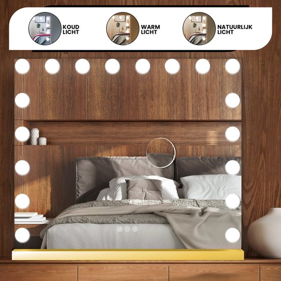 Bayt Hollywood Mirror with Lighting - Make-up Mirror with Lighting - Mirror with Lighting - Hollywood Mirror 80x60 - Dimmable - 10x Magnification - 80x60cm - Gold
