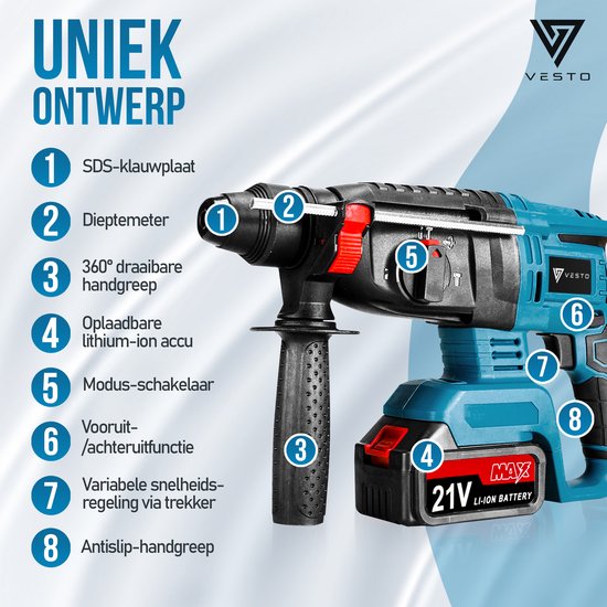 Vesto® Marteau perforateur électrique - Perceuse à percussion sans fil - Marteau perforateur avec fonction burin - Marteau combiné sans fil - Perceuse à béton - Comprend un jeu de perceuses, 2 batteries et un chargeur