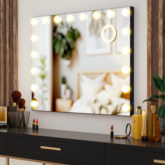 Mirlux Hollywood Mirror 80x60CM - 2 haut-parleurs Bluetooth - ports de charge USB et USB-C - éclairage LED - miroirs de maquillage - zoom 10x - suspendu - noir
