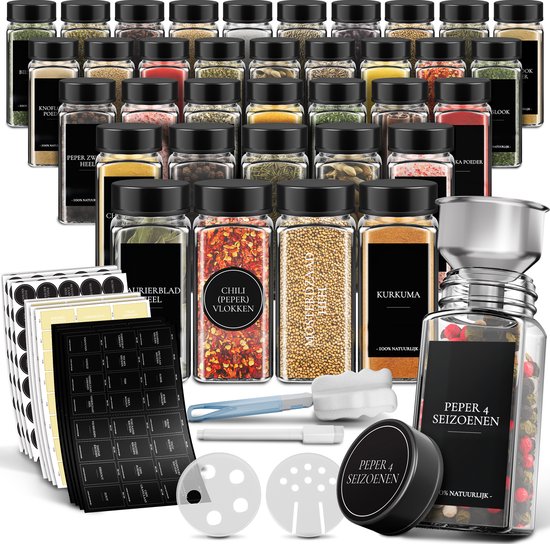 Soothe 36 pots à épices en verre carrés avec couvercle noir - 2 types de couvercles à saupoudrer - Spice Spreader - pots à épices - Set complet avec stickers à épices, stick à craie et accessoires - 120ml