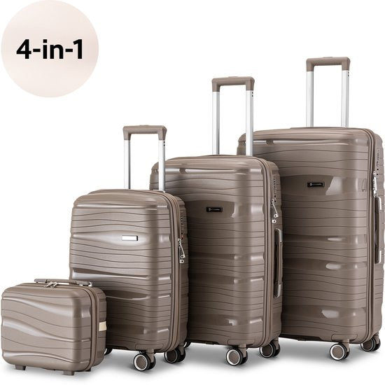 SKYCASES Travelin' Charm 4-Piece Trolley Set - Hand Luggage & Check-in Suitcases - 32L/60L/98L - Number Lock - 360° Noiseless Wheels - Lightweight & Sturdy - Modern Design - Champagne