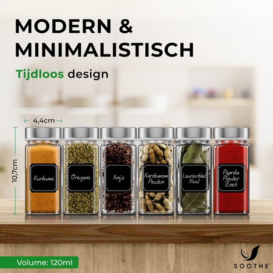 Soothe 24 pots à épices carrés en verre avec couvercle en acier inoxydable - 2 types de couvercles à saupoudrer - Spice Spreader - pots à épices - Set complet avec stickers à épices, stick à craie et accessoires - 120ml