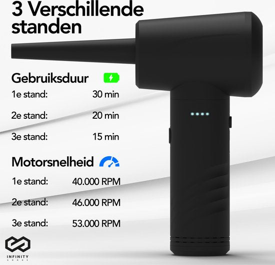 Infinity Goods Souffleur d'air 4-en-1 - Air comprimé - 53K RPM - Souffler et aspirer - Air comprimé - Sans fil et rechargeable - Noir