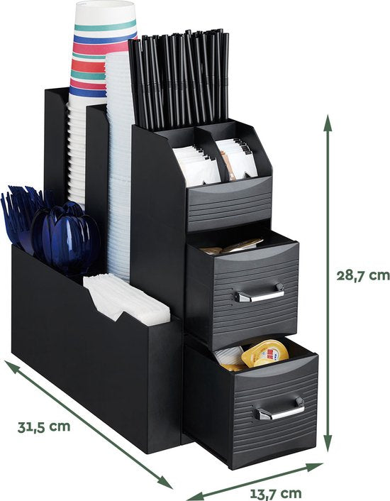 BRASQ Organisateur de café et de thé noir - Organisateur de cuisine peu encombrant avec 9 compartiments et 2 tiroirs - Station café