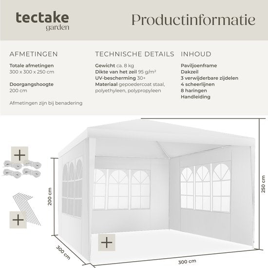 tectake® Pavillon - avec armature renforcée - Tente de réception 3x3 m - Bâche imperméable - Panneaux latéraux amovibles - Pavillon de jardin résistant aux intempéries - Lignes de tension et piquets inclus - Blanc - Tente pliante pop-up