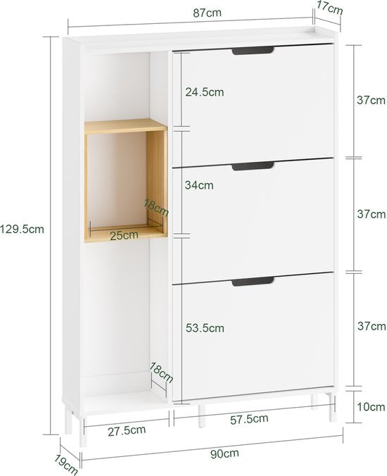 SoBuy FSR209-WN Meuble à chaussures, blanc, compact, rangement pour 9 paires de chaussures, idéal pour les petites pièces et les maisons, MDF + bambou, 90 x 19 x 129,5 cm FSR209-WN